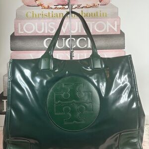 Tory Burch Deep Green Patent Leather Logo Tote